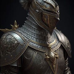 Medieval knight in armor with golden adornments, guarding the queen. Generative AI