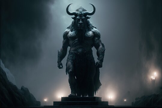 Minotaur statue, Greek city in the background with fog, Greek mythology. Generative AI