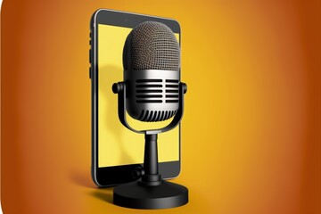 Studio microphone on cell phone screen, podcast concept, yellow background. Generative AI