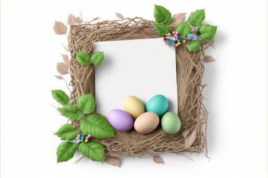 Nest with easter eggs and space to write, white background. Generative AI