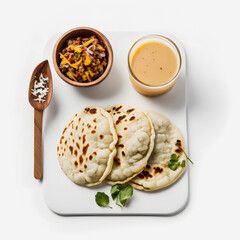 Pupusas on white background food photography. High-quality images capture the traditional flavors and textures of this beloved street food in a modern and sophisticated way. Ideal for cookbooks