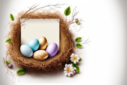 Nest with easter eggs and space to write, white background. Generative AI