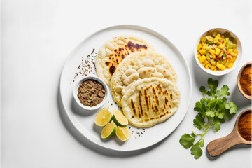 Pupusas on white background food photography. High-quality images capture the traditional flavors and textures of this beloved street food in a modern and sophisticated way. Ideal for cookbooks