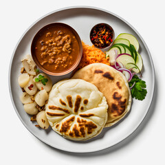 Pupusas on white background food photography. High-quality images capture the traditional flavors and textures of this beloved street food in a modern and sophisticated way. Ideal for cookbooks