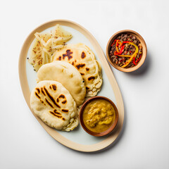 Pupusas on white background food photography. High-quality images capture the traditional flavors and textures of this beloved street food in a modern and sophisticated way. Ideal for cookbooks