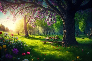 Romantic picnic on green meadows surrounded by colorful spring flowers created with generative ai technology