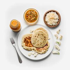 Pupusas on white background food photography. High-quality images capture the traditional flavors and textures of this beloved street food in a modern and sophisticated way. Ideal for cookbooks