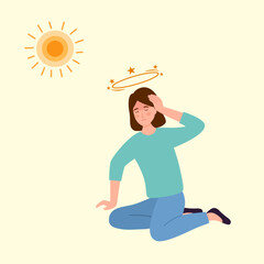Woman suffering from heat and sweaty dehydration from strong sunlight in flat design. Hot climate in summer.