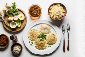 Pupusas on white background food photography. High-quality images capture the traditional flavors and textures of this beloved street food in a modern and sophisticated way. Ideal for cookbooks