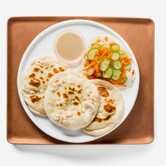 Pupusas on white background food photography. High-quality images capture the traditional flavors and textures of this beloved street food in a modern and sophisticated way. Ideal for cookbooks