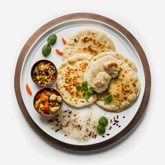 Pupusas on white background food photography. High-quality images capture the traditional flavors and textures of this beloved street food in a modern and sophisticated way. Ideal for cookbooks