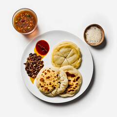 Pupusas on white background food photography. High-quality images capture the traditional flavors and textures of this beloved street food in a modern and sophisticated way. Ideal for cookbooks