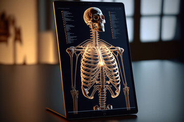 Tablet, laptop, computer screen, technology with medical data, skeleton