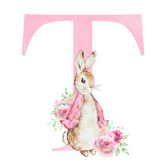 Obraz premium Watercolor letter T with pink Flopsy Rabbit