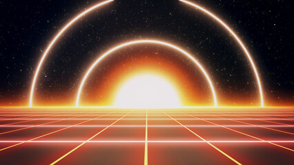 Retro style 80s-90s neon background. Futuristic Grid landscape. Digital Cyber Surface. Suitable for design in the style of the 1980s-1990s. 3D illustration