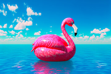 Inflatable pink flamingo in blue sea of big bright pink colored flamingo floating on blue rippling sea water against blue sky with clouds on sunny summer day. Generative AI image.