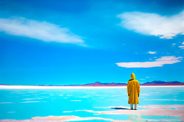 Obraz na płótnie Canvas Lonely traveler standing on frozen lake, back view full body of tourist in long yellow coat with hood on head standing on frozen lake against mountains. Generative AI illustration.