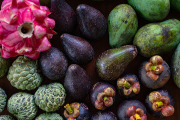 Set of Balinese fruits and vegetables . Flat lay