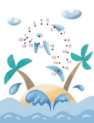 Fototapeta na wymiar Connect dots from 1 to 20. Educational math game. Cute dolphin in sea and island. Activity page for kids. Color illustration for worksheet. 