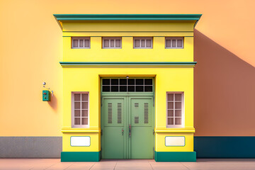 Residential multistory building on orange background, yellow residential building exterior design with shutters balcony. Generative AI illustration.