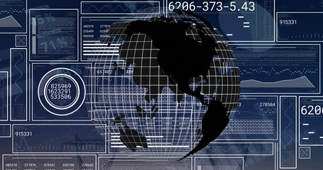 Animation of financial data processing and globe over electricity pylons - Powered by Adobe