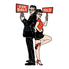 business man and woman with sign