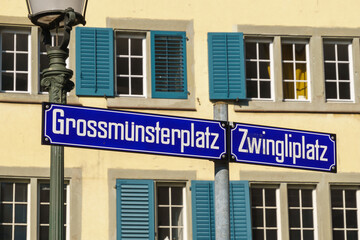 Blue street sign in Zurich for Grossmunsterplatz