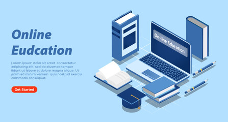 Online education concept 3d isometric, E-learning web banner