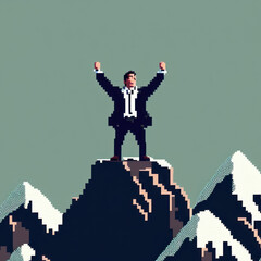 Business man rise hand to sky show victory or success in business concept pixel art graphic generative ai.