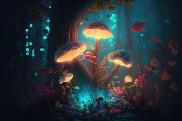 Fototapeta na wymiar Fairy forest at night, fantasy glowing flowers, mushroom and lights. (ai generated)