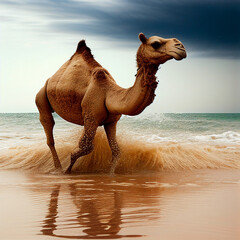 dromedary camel walks on clear transparent blue water by an exotic beach, generative AI
