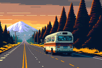 Camper van travel road trip beautiful view landscape pixel art style background. Generative ai.