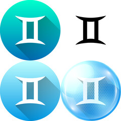 Set of Gemini Zodiac Symbol Material Flat Round Icon, Silhouette, Diagonal Shadow and Air Element Circle Bubble Minimalistic Isolated on White Background for Horoscope, Astrology and Wishful.
