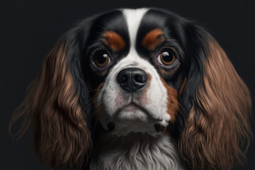 A gorgeous Cavalier King Charles Spaniel dog is depicted in extreme close up against a gray background. direct shot to the face Dog turns to face the camera. Generative AI