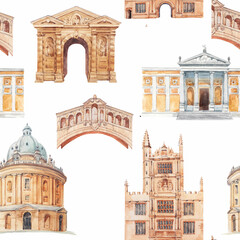 Beautiful seamless patrtern with watercolor hand drawn Oxford historical sites. Stock illustration.