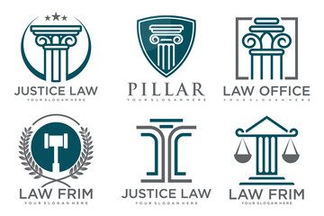 Law office logos set with scales of justice, gavel etc illustrations.