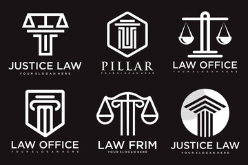 Law office logos set with scales of justice, gavel etc illustrations.