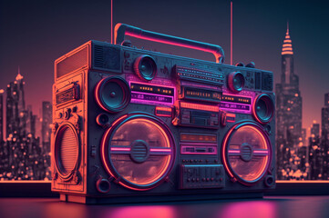 Retro 90s boom box with lights in front of a big city. Generative AI