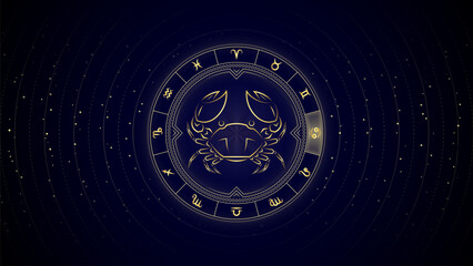 Crab Cancer Zodiac Sign, Wheel of Twelve Symbol, Horoscope and Astrology, Fortune-Telling, Stellar Backdrop Background