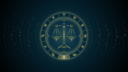 Balance, Scale Libra Zodiac Sign, Wheel of Twelve Symbol, Horoscope and Astrology, Fortune-Telling, Stellar Backdrop Background