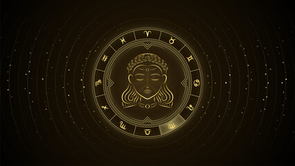 Maiden Virgo Zodiac Sign, Wheel of Twelve Symbol, Horoscope and Astrology, Fortune-Telling, Stellar Backdrop Background