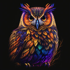 Beautiful Colorful Owl Illustration. Realism. Portrait. Generative Ai