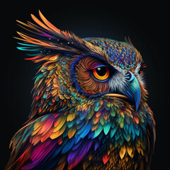 Beautiful Colorful Owl Illustration. Realism. Portrait. Generative Ai