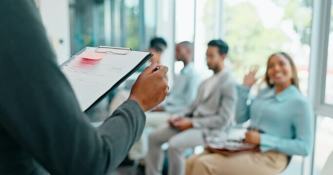 Waiting room, interview and person call for job opportunity, choice or decision with checklist in Human Resources. Selection hand sign, woman success and recruitment people for hiring, cv and resume