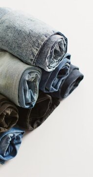 Vertical video of folded jeans with different shades on white background with copy space