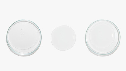 Petri dishes with transparent color gel on a light background. Glassware. Liquid. Study.