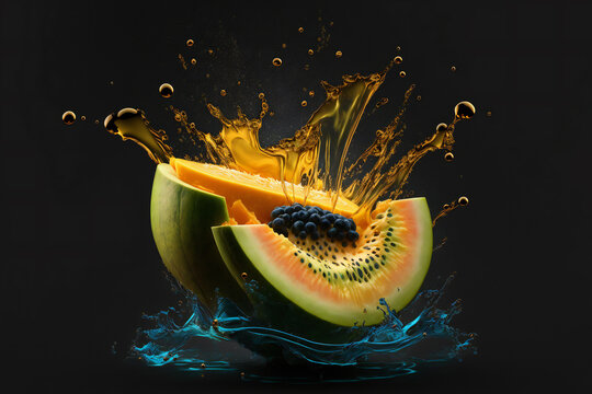 Honeydew fruits splash isolated on black background