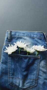 Vertical video of jeans with white flowers on grey background with copy space