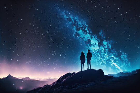 A young Asian couple is standing together at the highest peak. Happily watch the stars in the sky and the Milky Way on a romantic night. Long exposure with grain. Generative AI