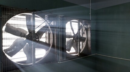 Big industrial Exhaust fan in a factory. Ventilation of plant building. With Shiny light. - obrazy, fototapety, plakaty